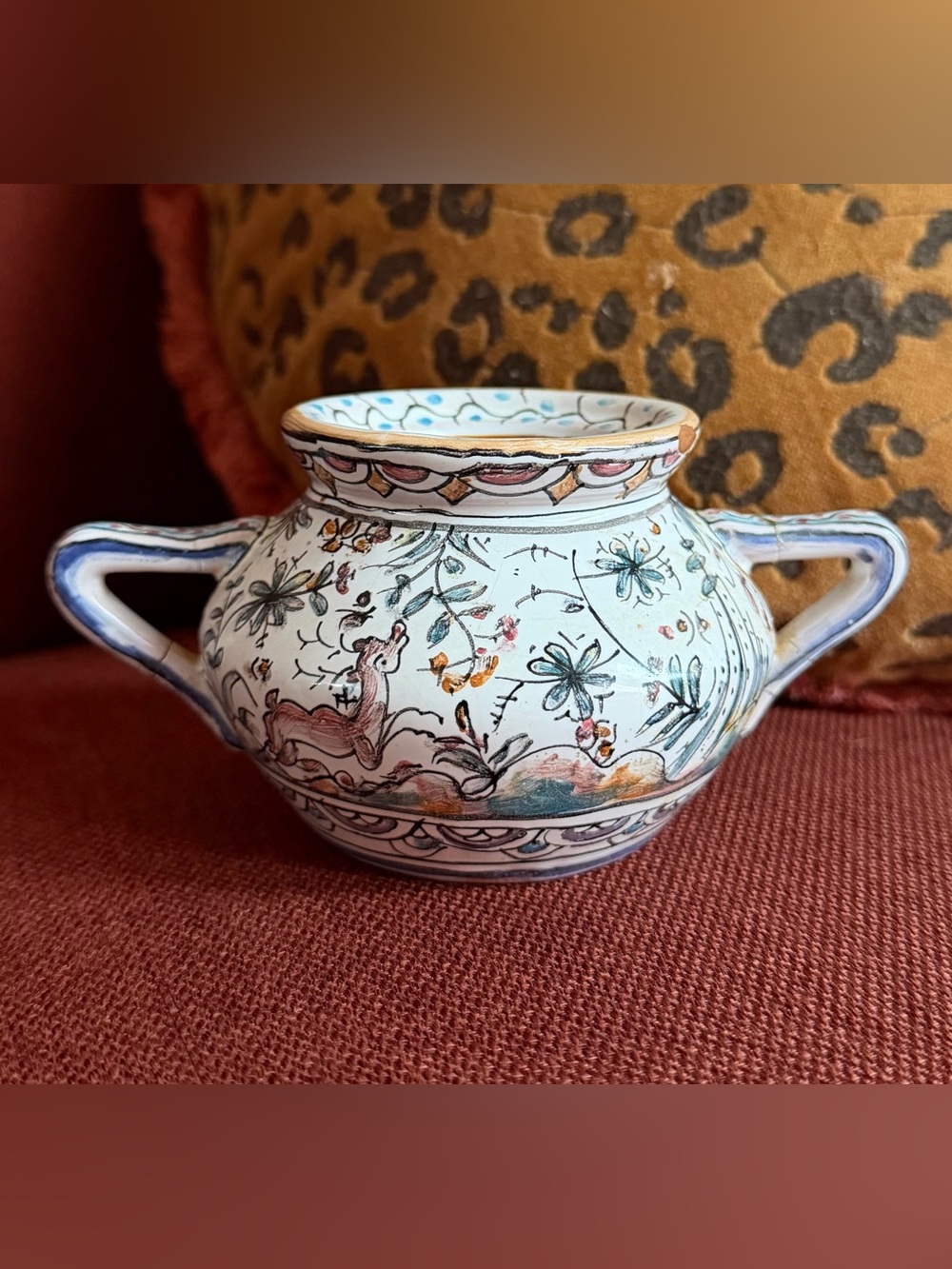 Ceramicas de Coimbra Portugal Two-Handled Bowl, Hand-Painted, SEC=XVII, Signed